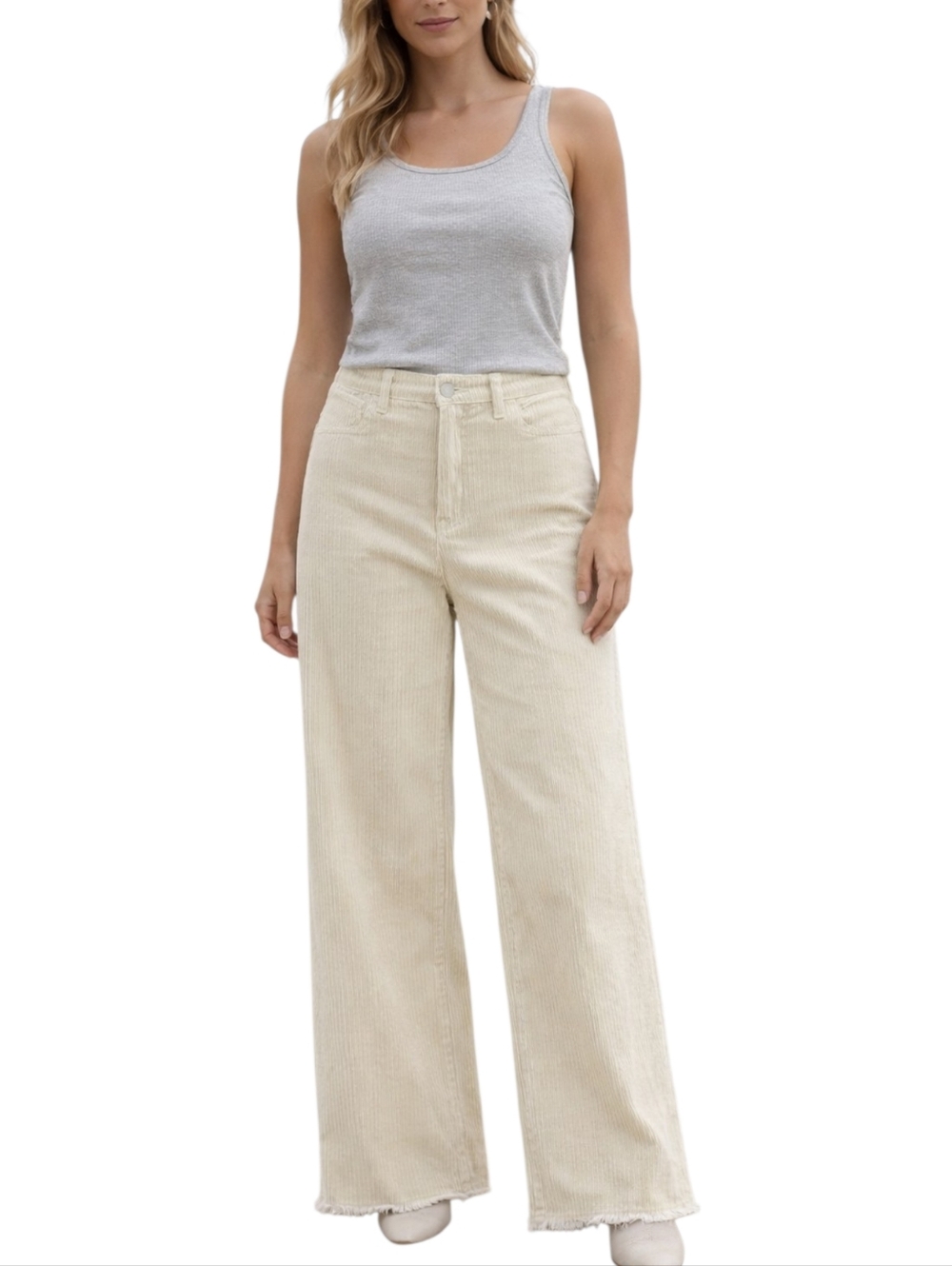 La Miel Cream Corduroy Wide Leg Pants NWT Size S High Rise Cropped Frayed Hem